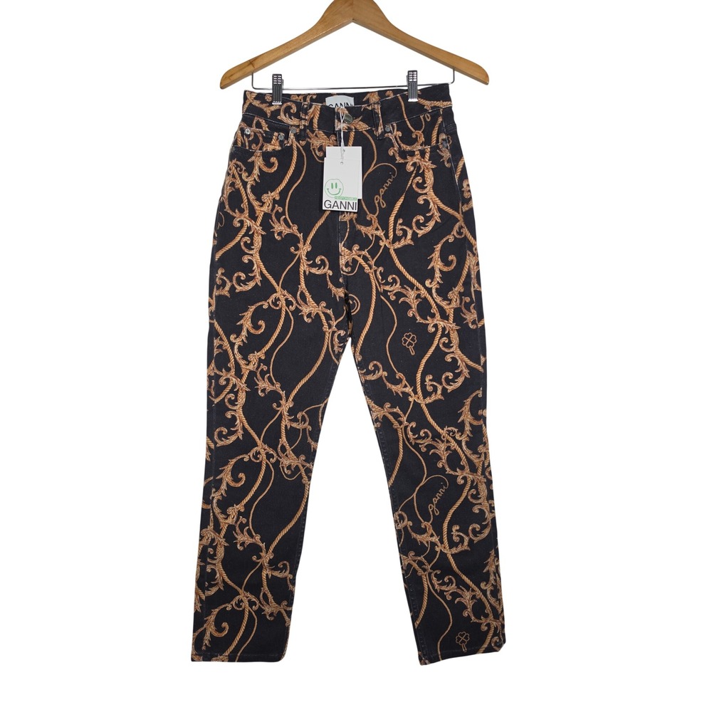 Ganni Betzy Crop Baroque Rope Print Jeans F6543 Black Gold Organic Cotton 28 NWT